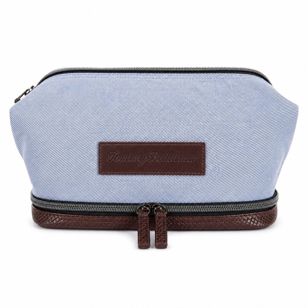 Tommy Bahama Toiletry Bag Dopp Kit Dual Compartment Chambray Blue Brown Travel